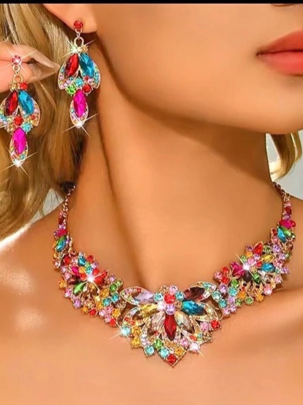 New Multicolor Crystal Necklace & Earrings